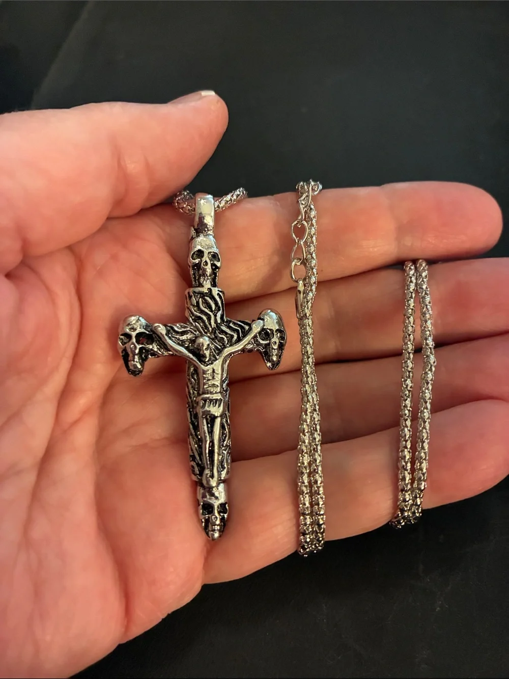 Silver Skull Cross Pendant Necklace - Men